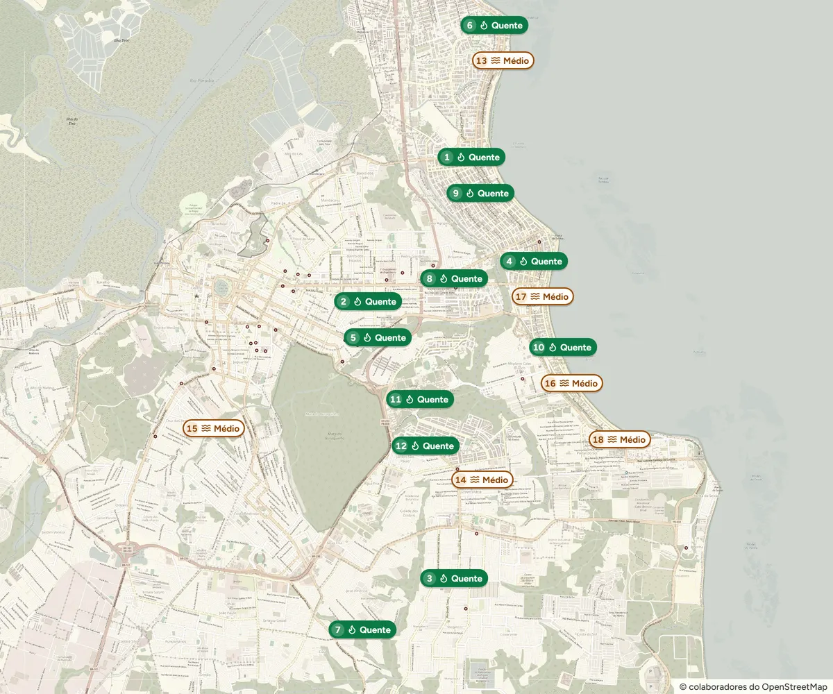 Mapa de João Pessoa com 18 pinos numerados da busca de demonstração, 12 Quentes e 6 Médios, concentrados na orla de Manaíra, Tambaú e Bessa.