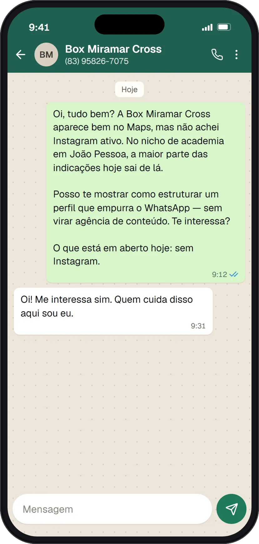 Conversa no WhatsApp com a Box Miramar Cross: o texto que o app traz para quem não tem Instagram, citando academia em João Pessoa, e a resposta dizendo que tem interesse.